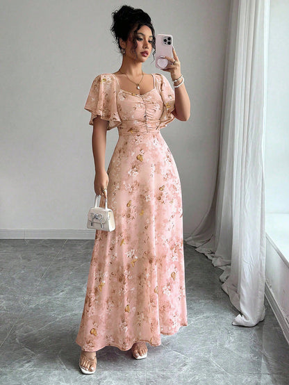 Floral Print Maxi Dress with Flutter Sleeves and Ruched Bust