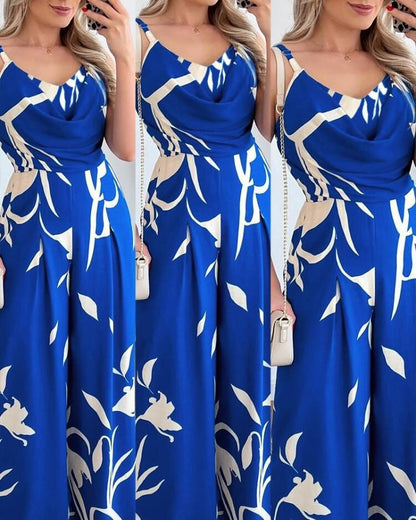 Floral Print Wide-Leg Jumpsuit with Cowl Neck
