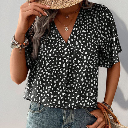 Leopard Print V-Neck Blouse with Short Sleeves