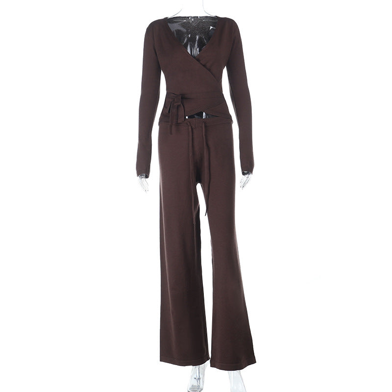 Solid Ribbed Knit Two-Piece Set with Wrap Top and Flared Sleeves