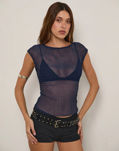 Slim Fit Sheer Lace Top with Cap Sleeves
