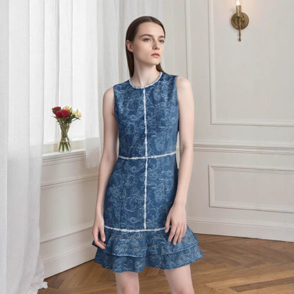 Printed Denim Sleeveless Dress with Contrast Trim & Ruffled Hem