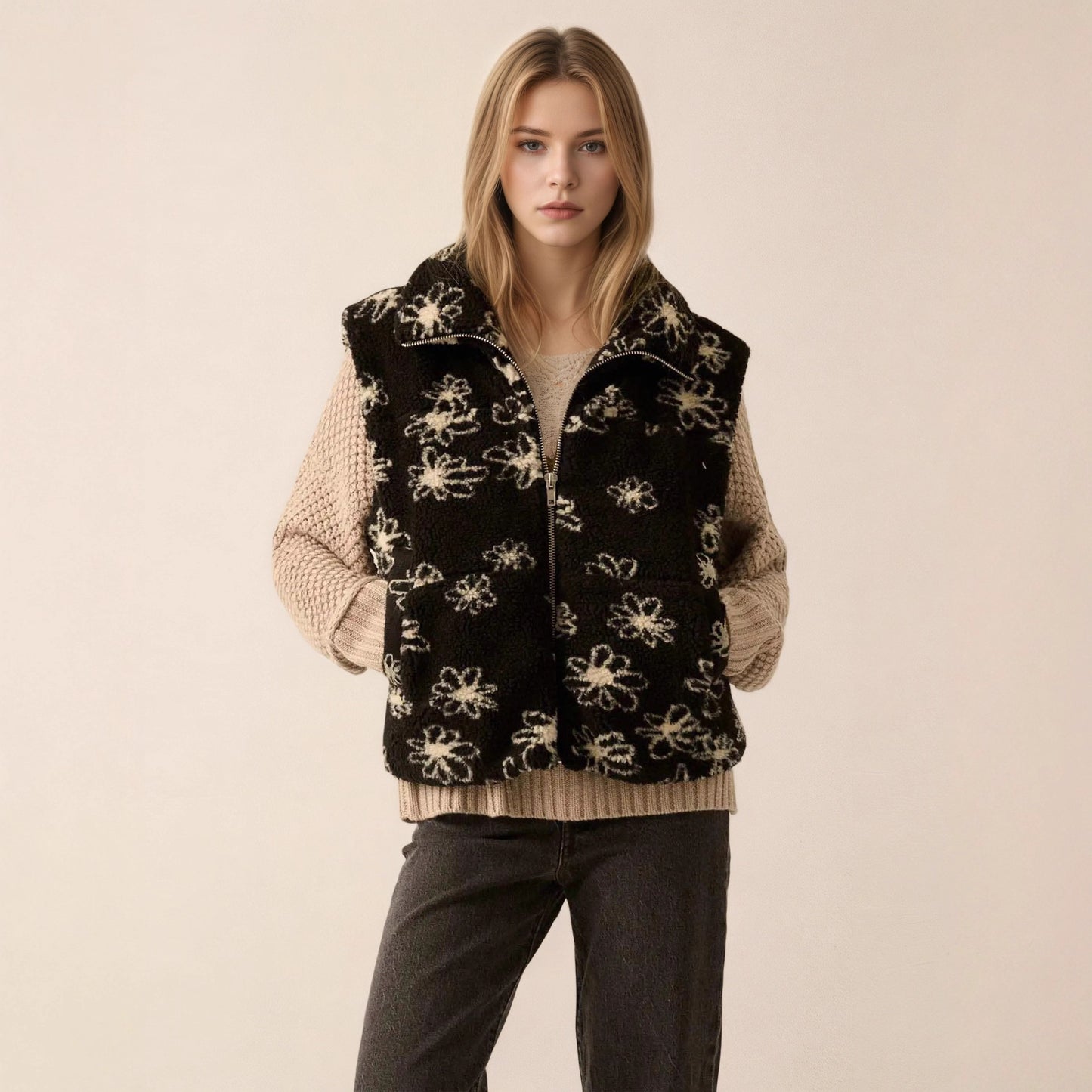 Floral Print Sherpa Vest with Lapel Collar