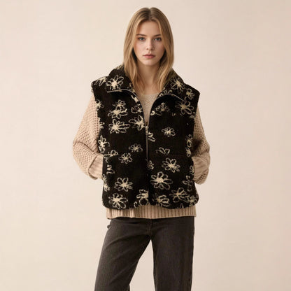 Floral Print Sherpa Vest with Lapel Collar