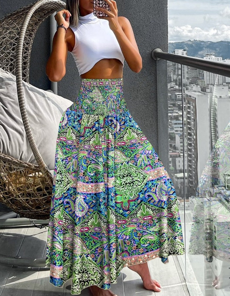 Bohemian Print A-Line Maxi Skirt with High Smocked Waist
