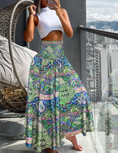 Bohemian Print A-Line Maxi Skirt with High Smocked Waist