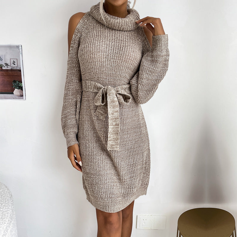 Solid Knit Sweater Dress with Cold Shoulder and Tie Belt