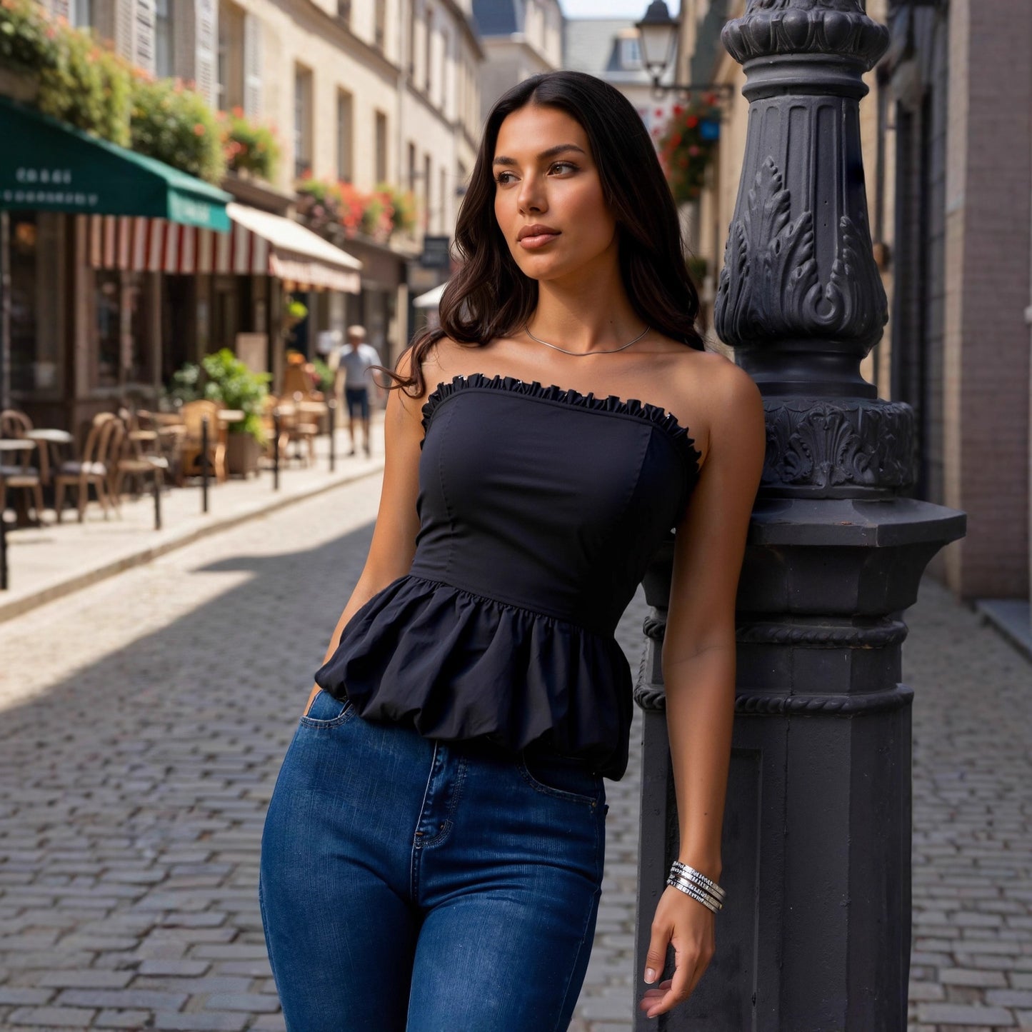Solid Strapless Tube Top with Ruffled Bodice and Pleated Peplum