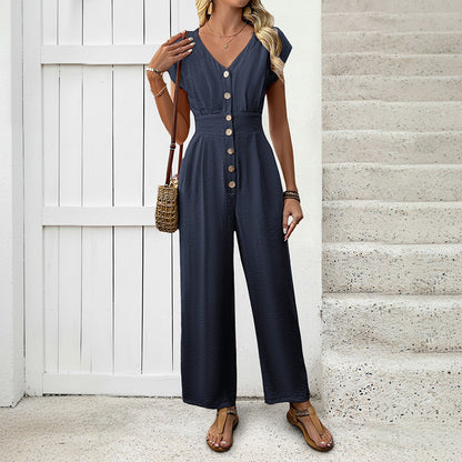 Wide-Leg Jumpsuit with V-Neck, Flutter Sleeves & Button Front