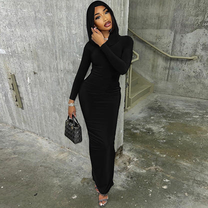 Solid Hooded Bodycon Maxi Dress with Long Sleeves