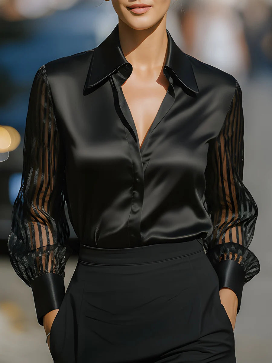 Loose Solid Satin Blouse with Sheer Striped Sleeves