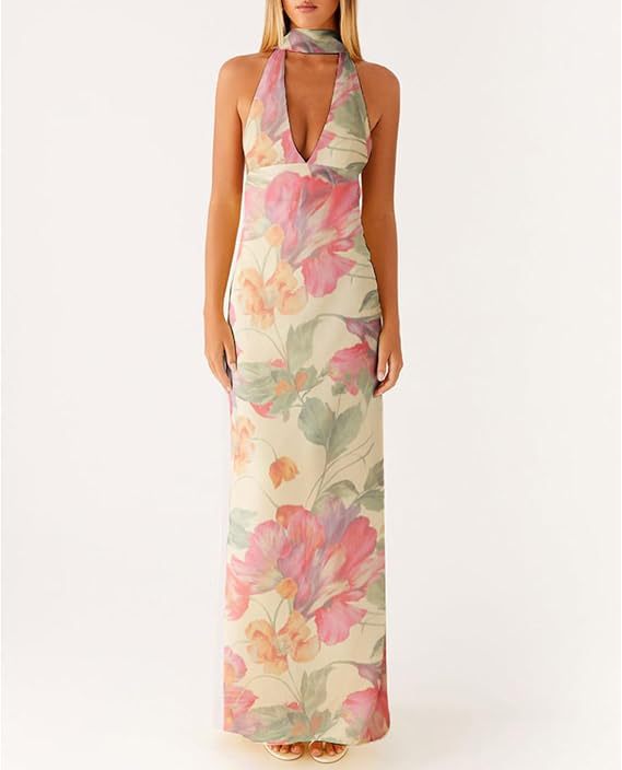 Halter Sheath Maxi Dress with Choker Collar and V-Neck