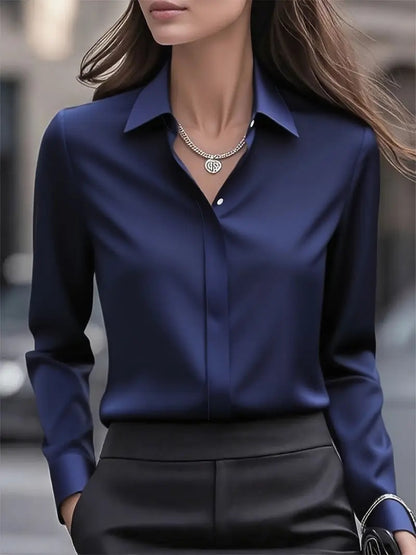 Classic Fit Solid Long-Sleeve Blouse in Silky Polyester