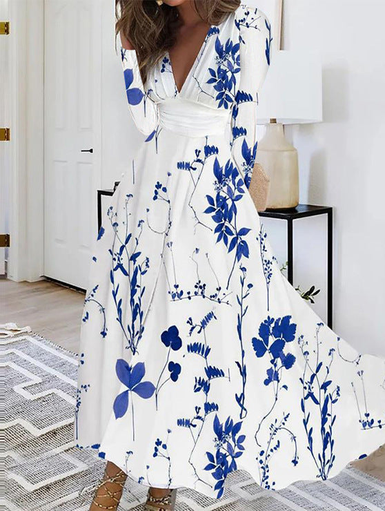 Floral Print Midi Dress with V-Neck and Long Sleeves