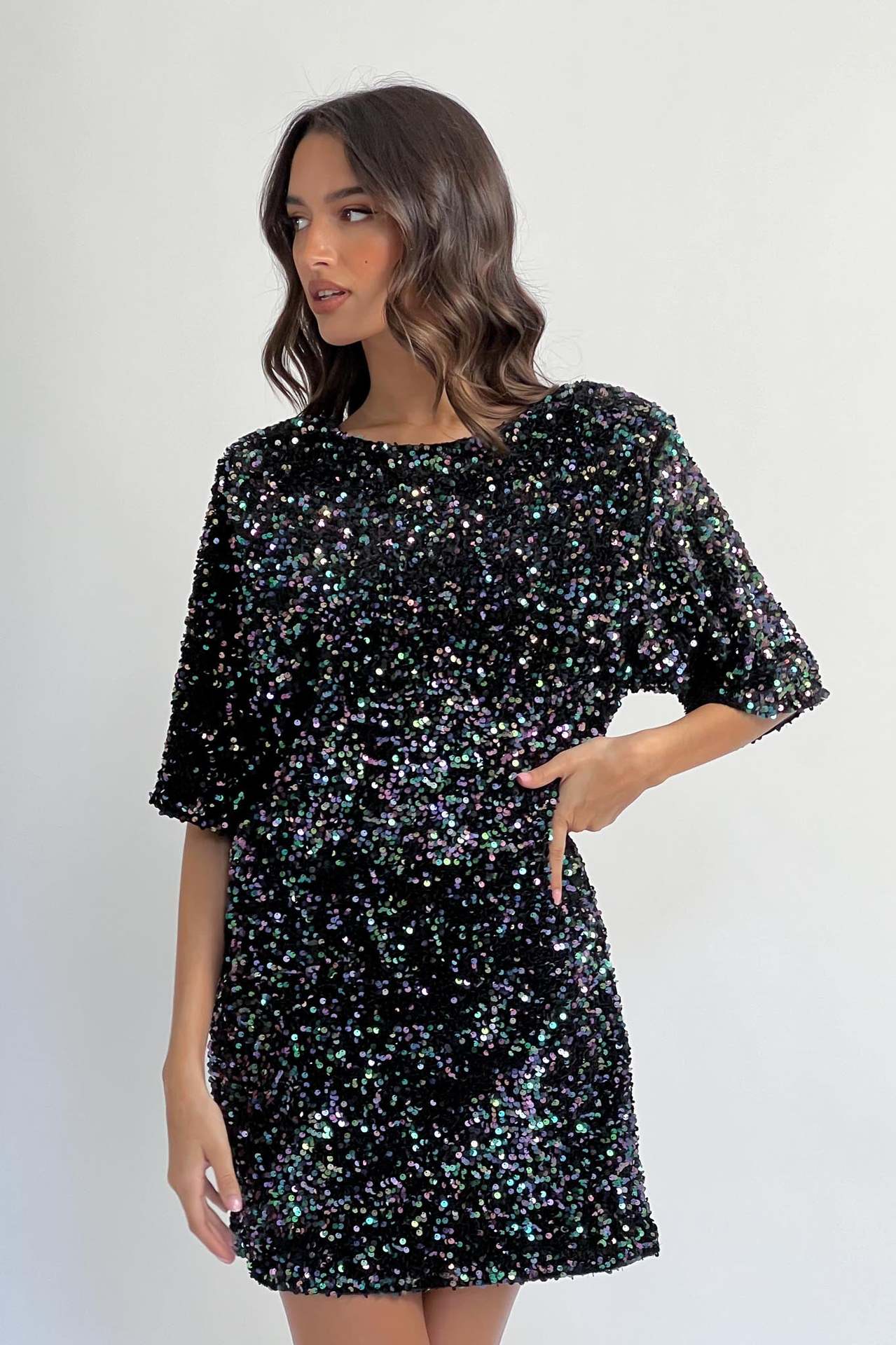 Sequined Shift Mini Dress with Half Sleeves
