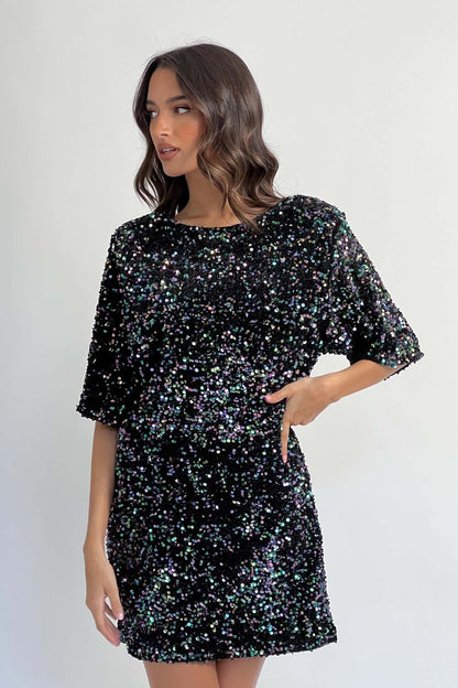 Sequined Shift Mini Dress with Half Sleeves