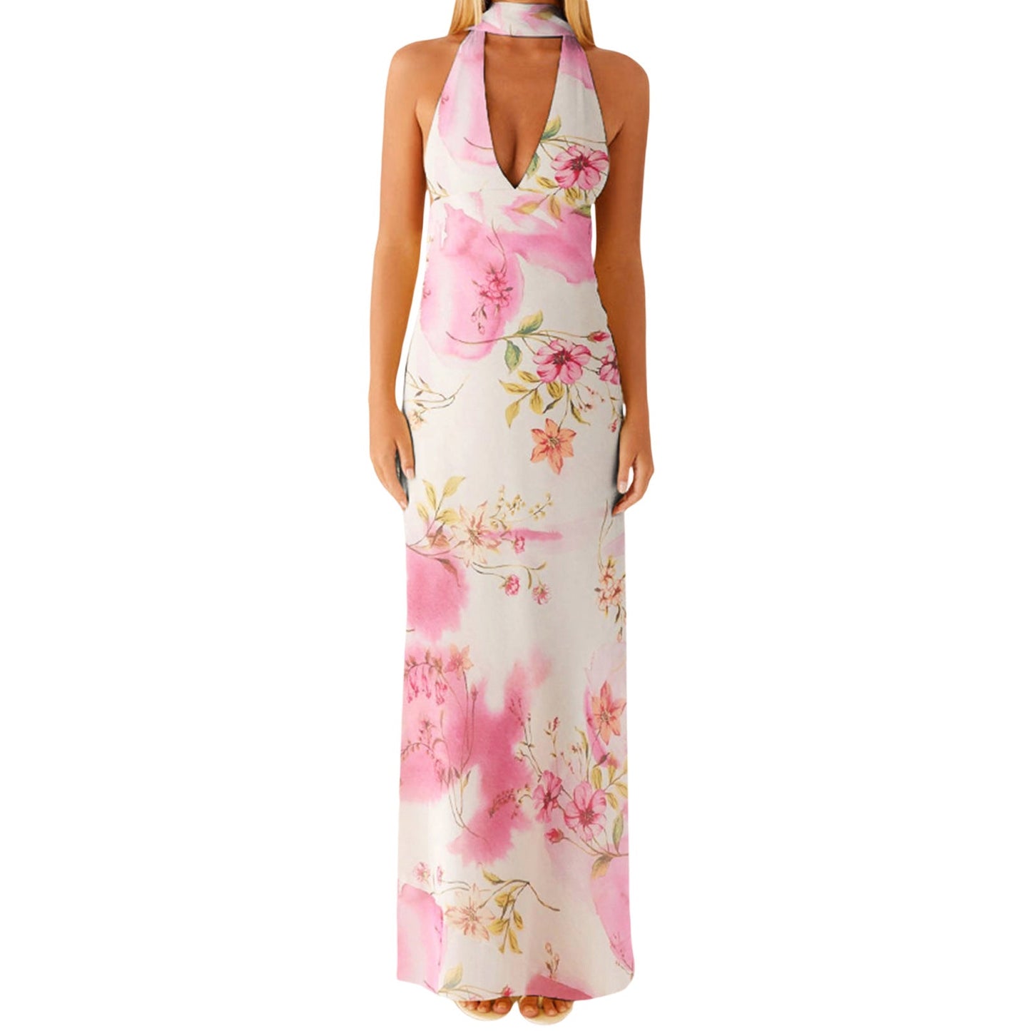 Halter Sheath Maxi Dress with Choker Collar and V-Neck