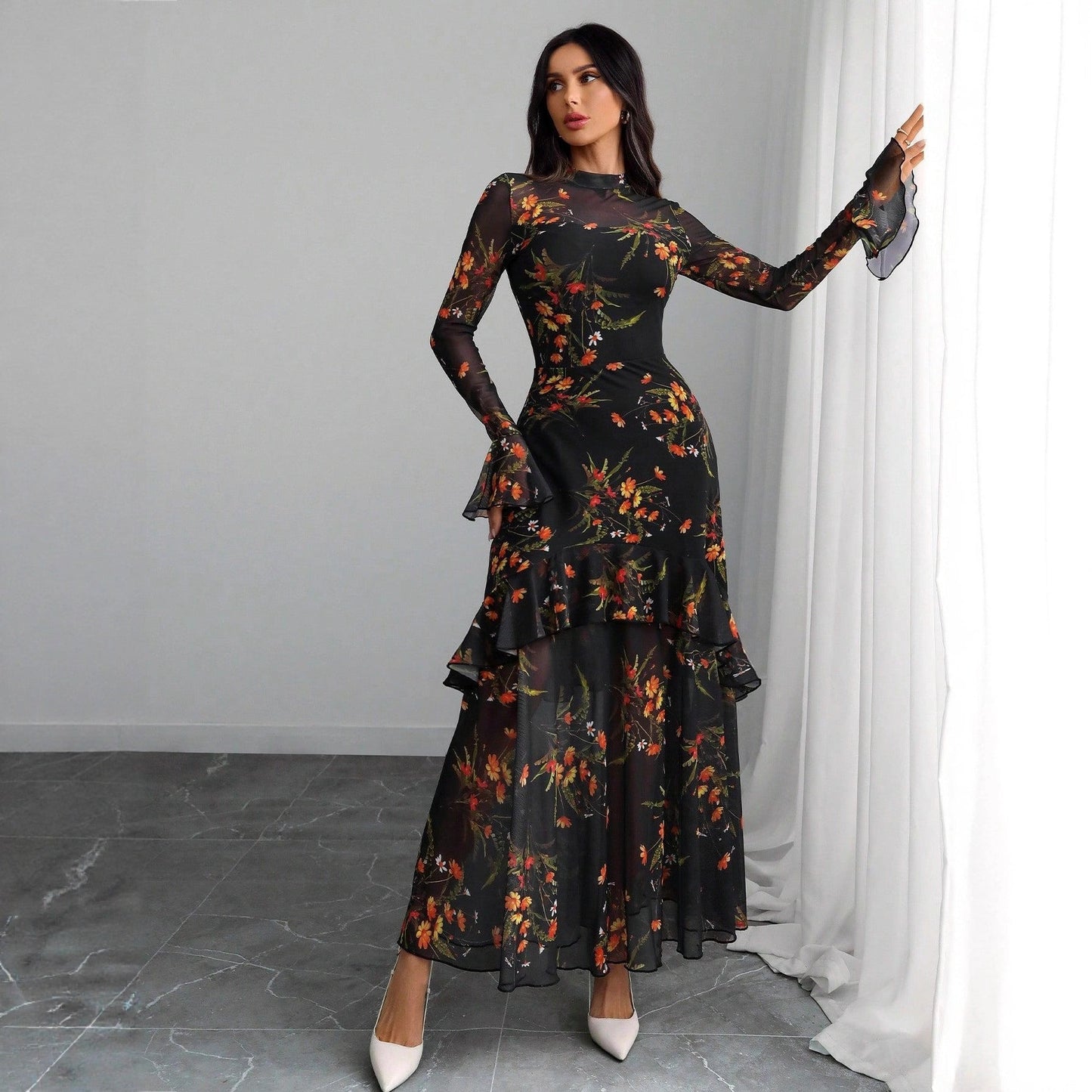 Floral Print Tiered Maxi Dress with Ruffle Sleeves