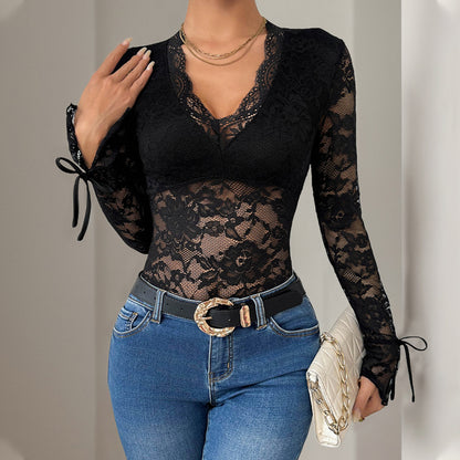 Bodycon Lace Bodysuit with V-Neck and Tie-Cuff Long Sleeves