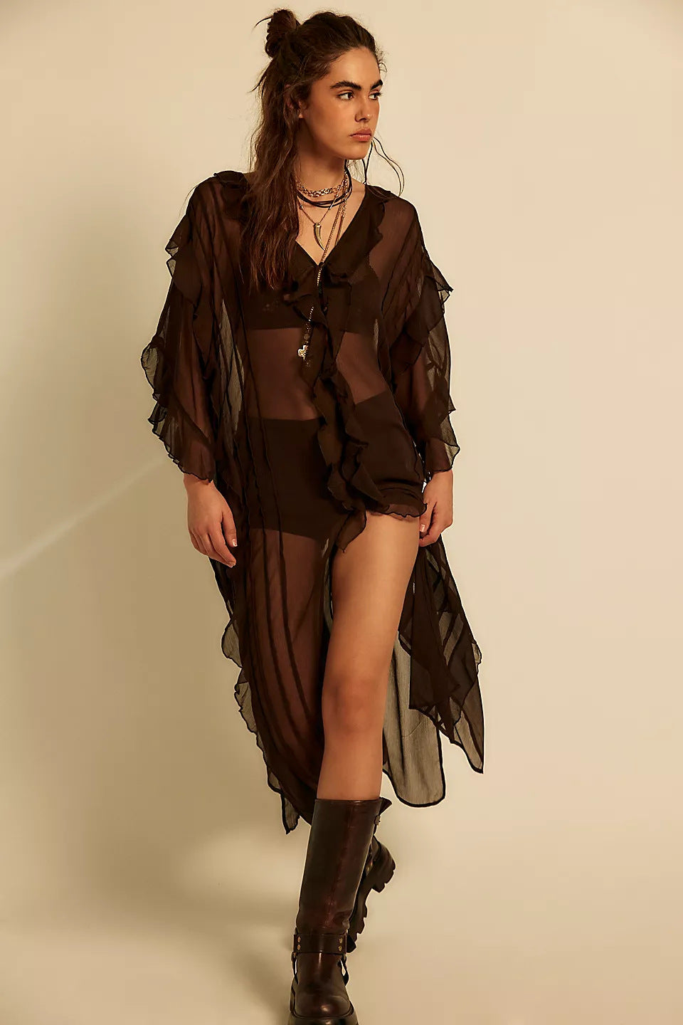 Asymmetrical Ruffled Chiffon Duster with Dolman Sleeves