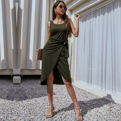 Sleeveless Midi Dress with Side Tie and Asymmetrical Hem