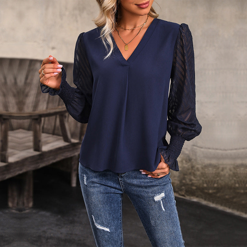Solid V-Neck Blouse with Mesh Patchwork Sleeves