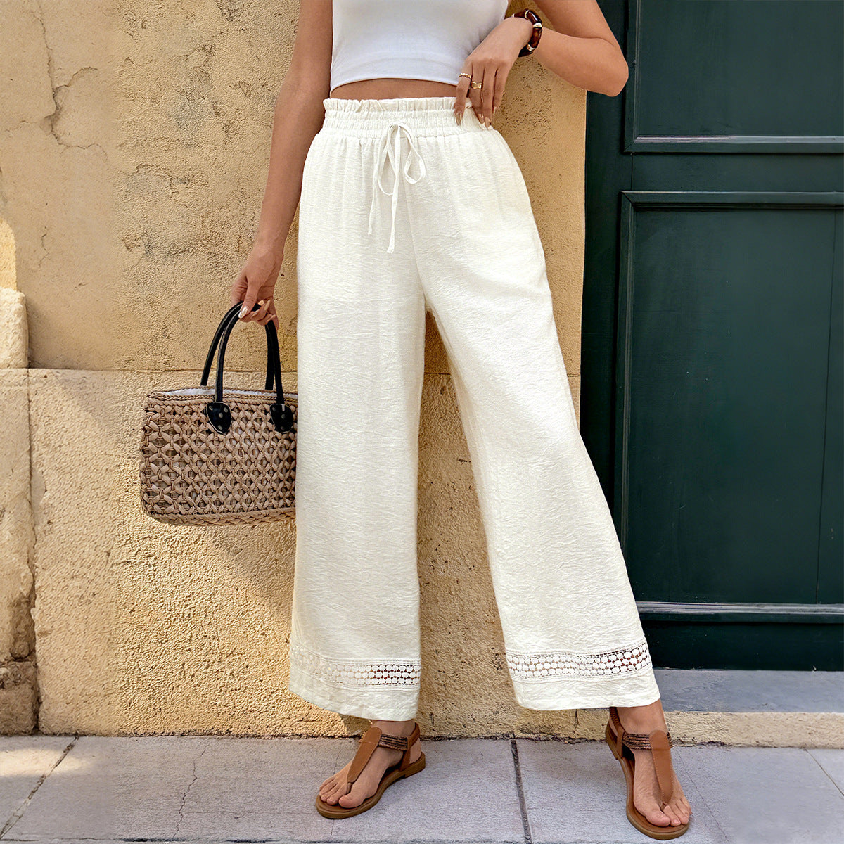 Loose Wide-Leg Pants with Drawstring Waist and Lace Trim