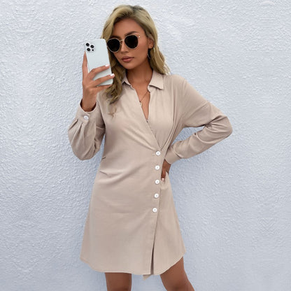 Solid Color Shirt Dress with Lapel and Button Wrap
