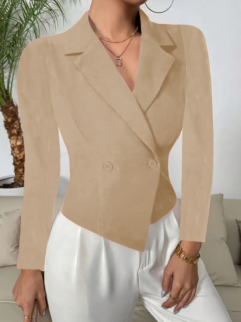 Cropped Double-Breasted Blazer with Asymmetrical Hem
