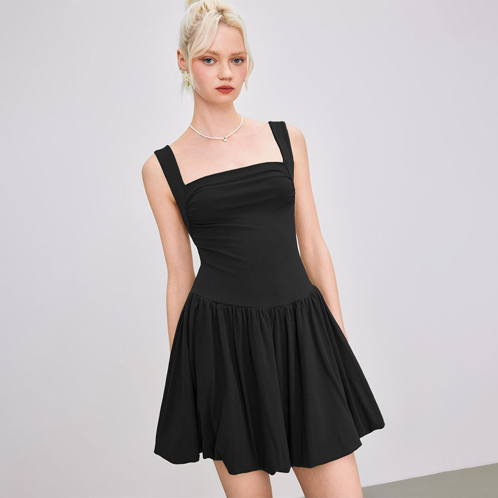 Solid A-Line Mini Dress with Square Neck and Gathered Skirt