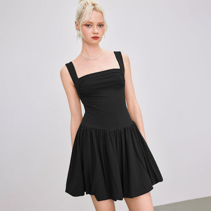 Solid A-Line Mini Dress with Square Neck and Gathered Skirt