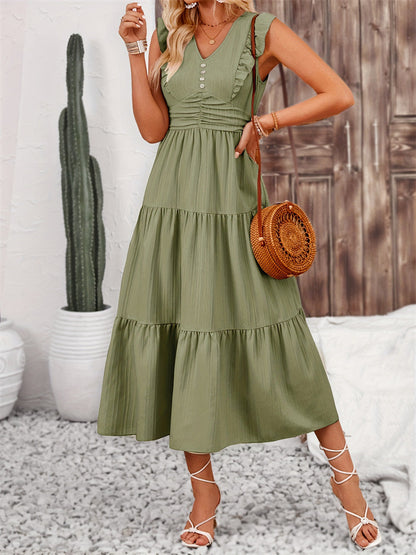 Solid Color Tiered Midi Dress with Ruched Waist and Ruffle Sleeves