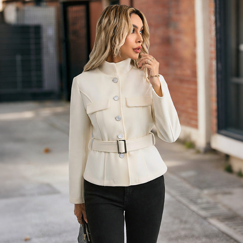 Solid Jacket with Stand Collar and Belted Waist