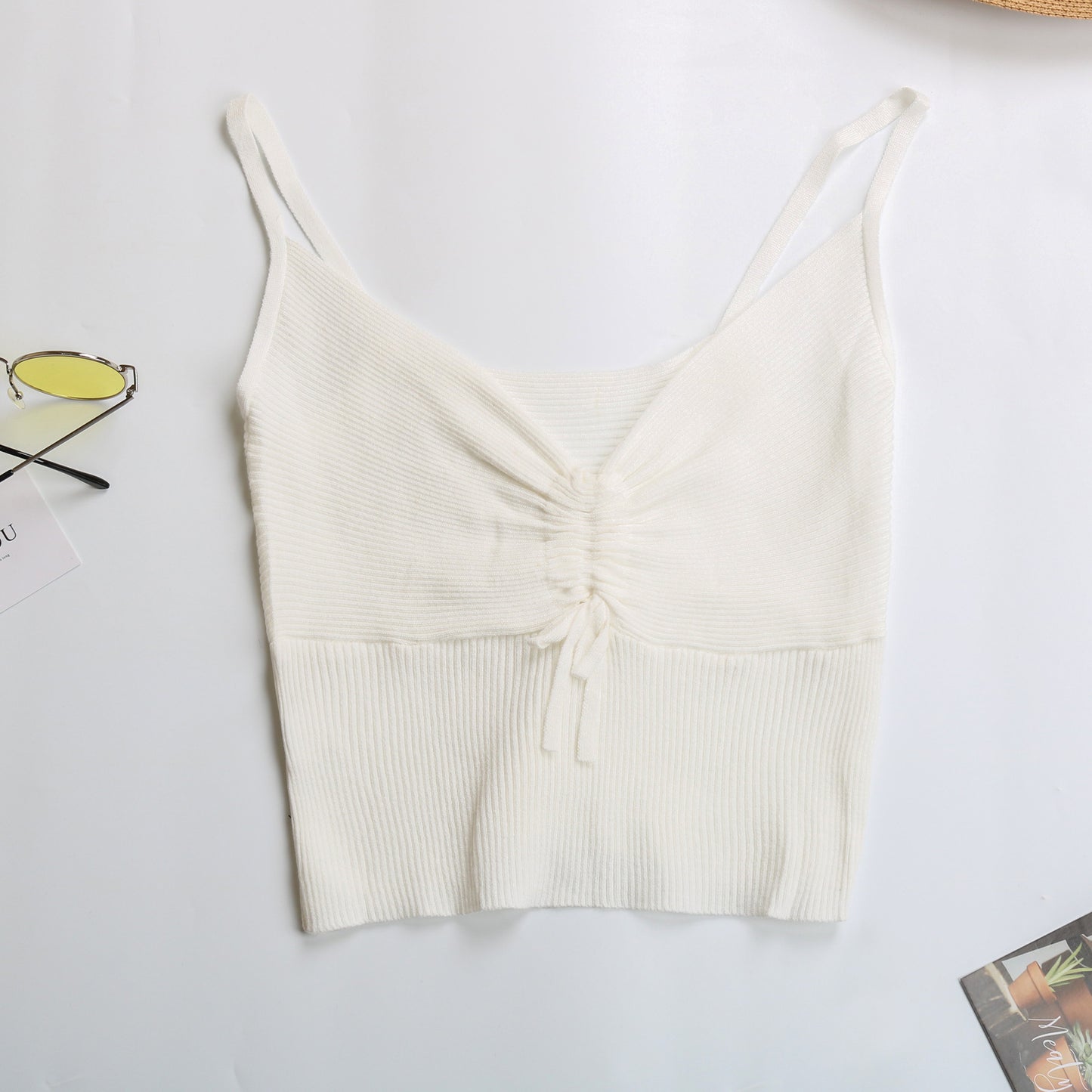 Solid Ribbed Cropped Camisole with Ruched Tie Front