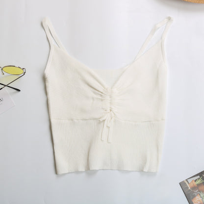 Solid Ribbed Cropped Camisole with Ruched Tie Front