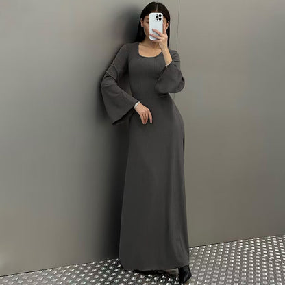 Ribbed Maxi Dress with Bell Sleeves and Lace-Up Back