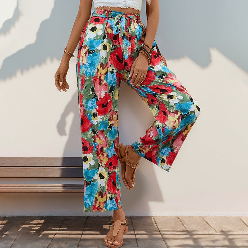 Floral Print Wide-Leg Pants with Self-Tie High Waist