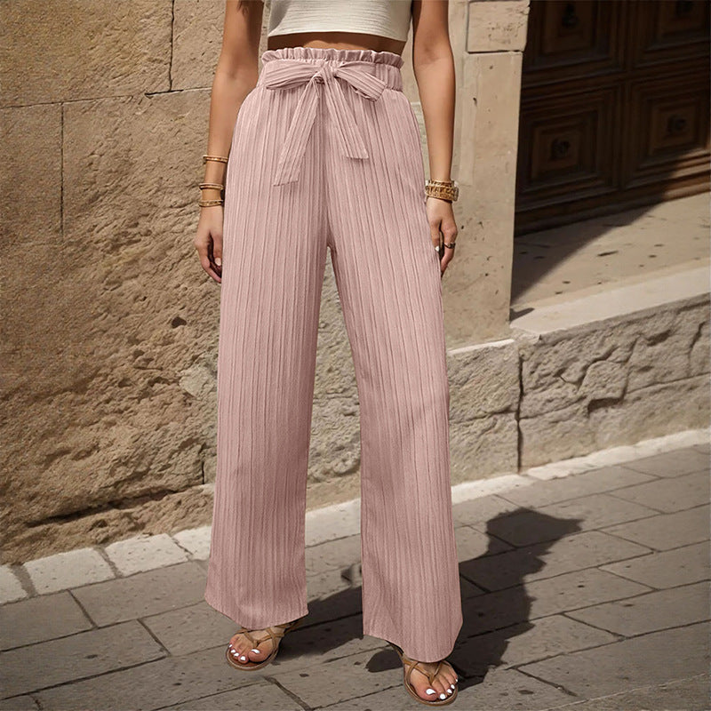 Ribbed Wide-Leg Pants with Paperbag Tie-Waist