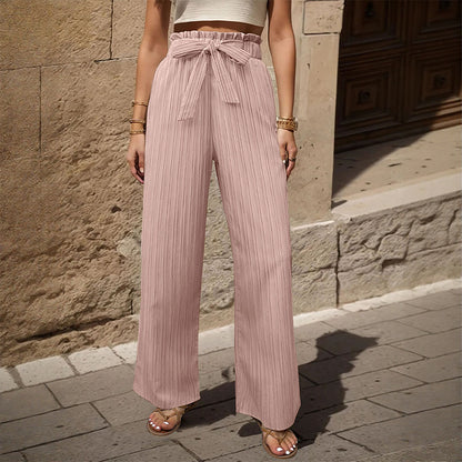 Ribbed Wide-Leg Pants with Paperbag Tie-Waist