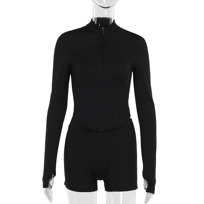 Slim-Fit Two-Piece Set with Zip-Up Top and Side Stripes