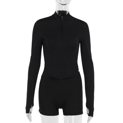 Slim-Fit Two-Piece Set with Zip-Up Top and Side Stripes