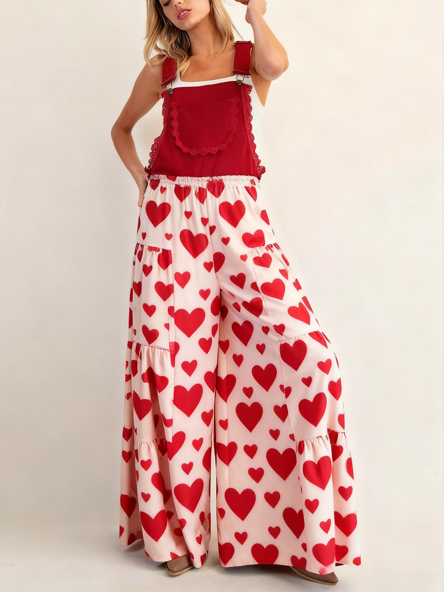 Tiered Heart Print Wide-Leg Overalls with Bib Front