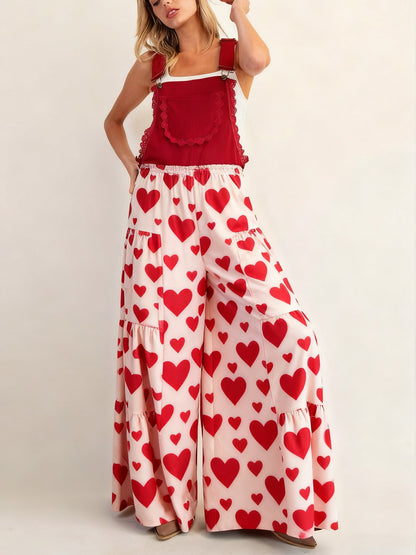 Tiered Heart Print Wide-Leg Overalls with Bib Front