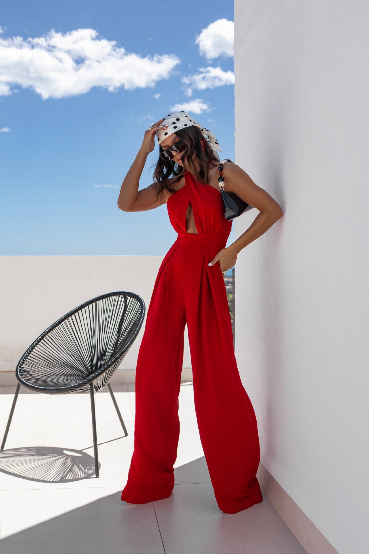 Wide-Leg Jumpsuit with Halter Neck and Waist Cut-Out