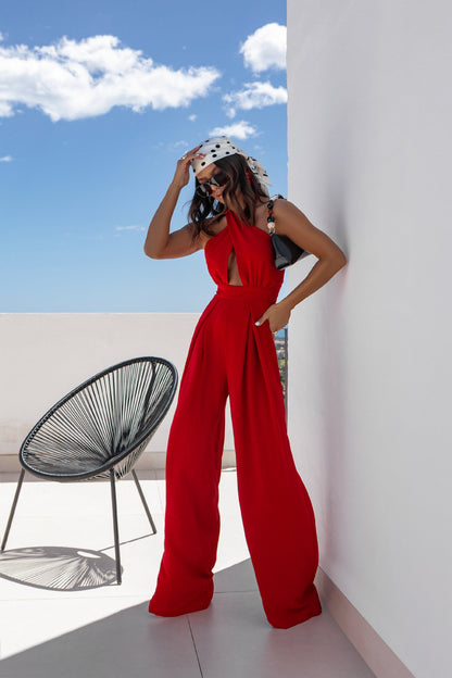 Wide-Leg Jumpsuit with Halter Neck and Waist Cut-Out