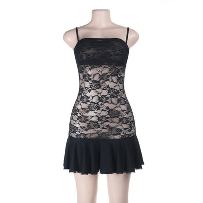 Bodycon Mini Dress with Lace Paneling and Flared Hem