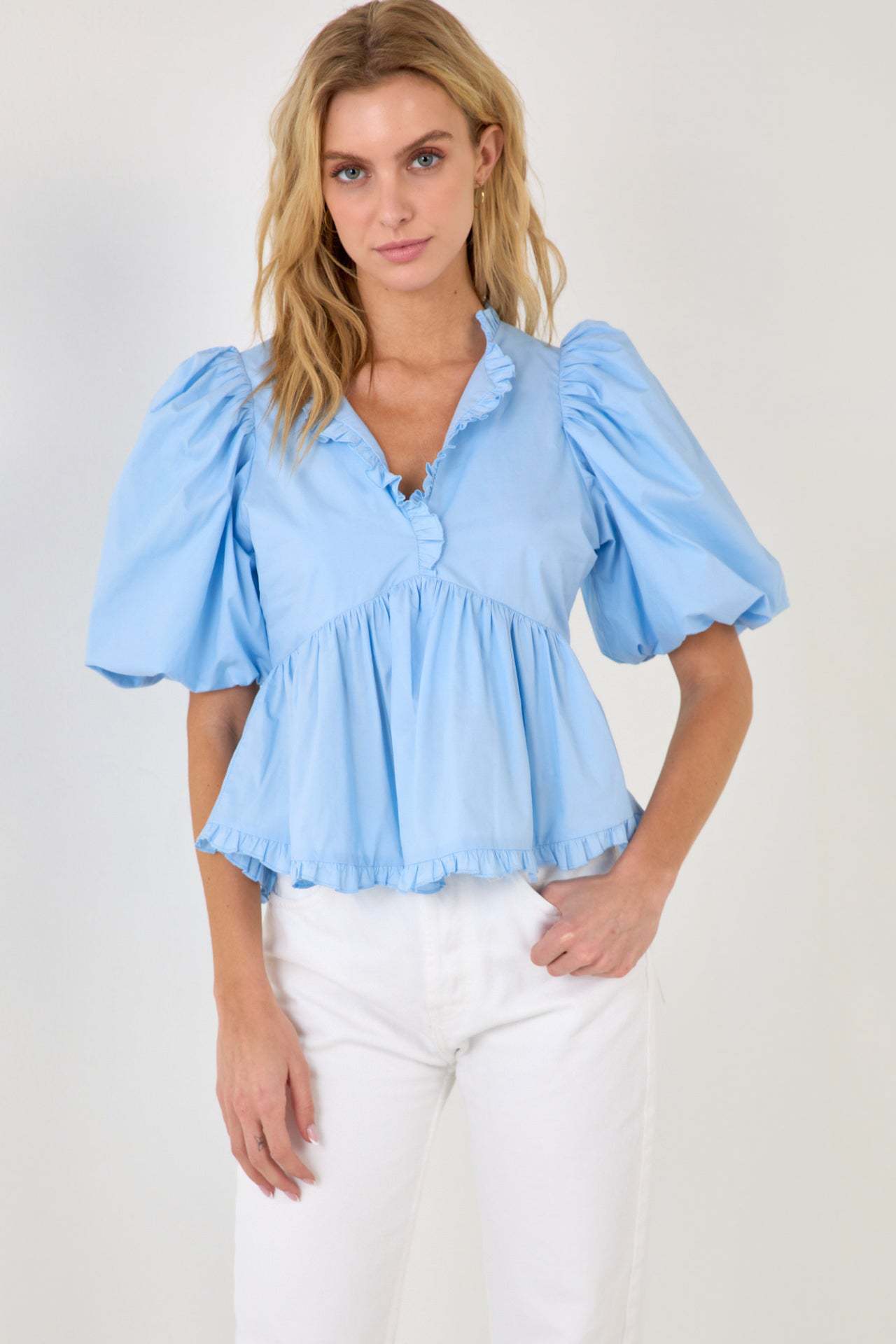 Peplum Blouse with Bubble Sleeves and Ruffle V-Neck