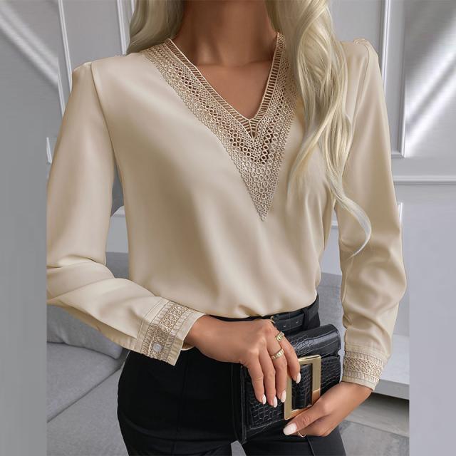Solid Blouse with Lace-Trimmed V-Neck and Cuffs