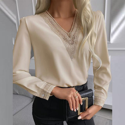 Solid Blouse with Lace-Trimmed V-Neck and Cuffs