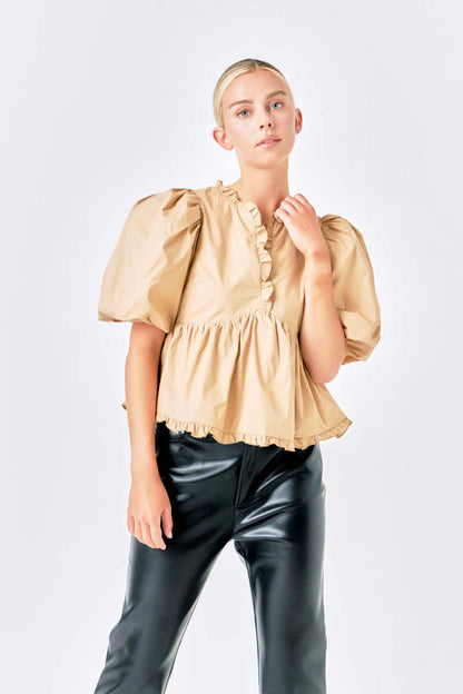Peplum Blouse with Bubble Sleeves and Ruffle V-Neck